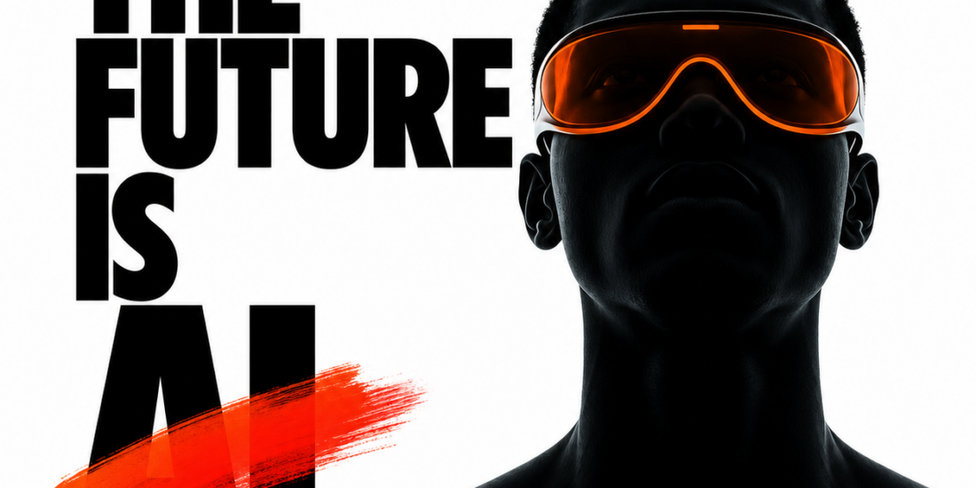 Futuristic AI portrait with THE FUTURE IS AI typography for Prompt AI portfolio