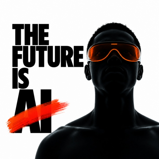 Futuristic AI portrait with THE FUTURE IS AI typography for Prompt AI portfolio